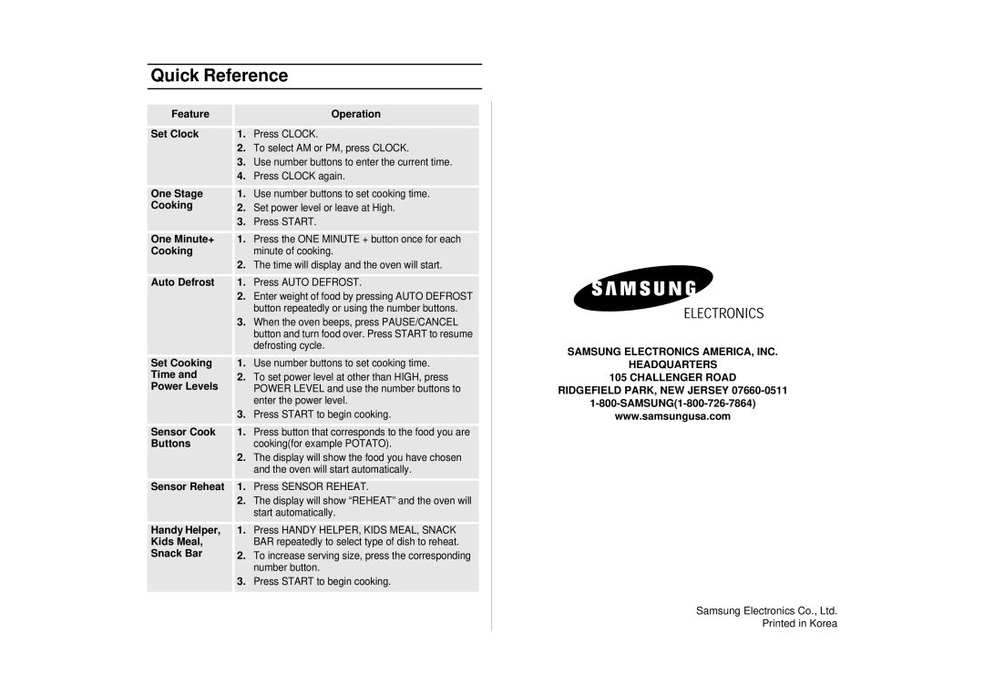 Samsung SMH7150CC, SMH7150WC, MO1650WA, MO1650BA, MO1650CA, MO1450CA, MO1450BA manual Quick Reference 