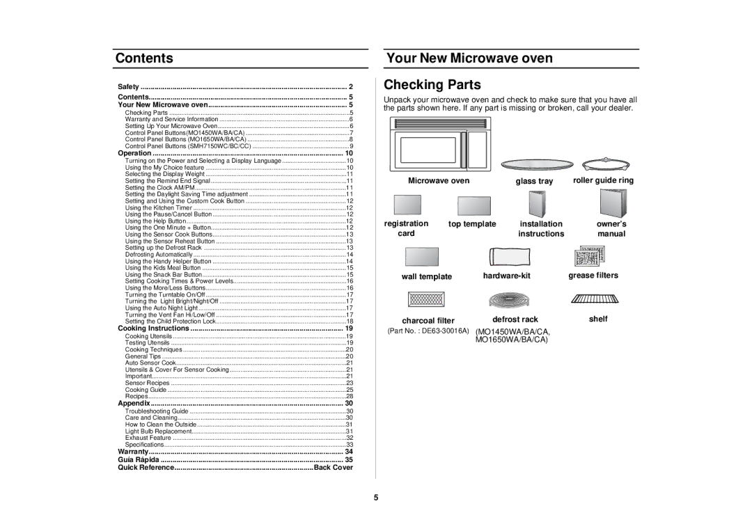 Samsung MO1450CA, SMH7150WC, SMH7150CC, MO1650WA, MO1650BA, MO1650CA, MO1450BA Contents, Your New Microwave oven Checking Parts 