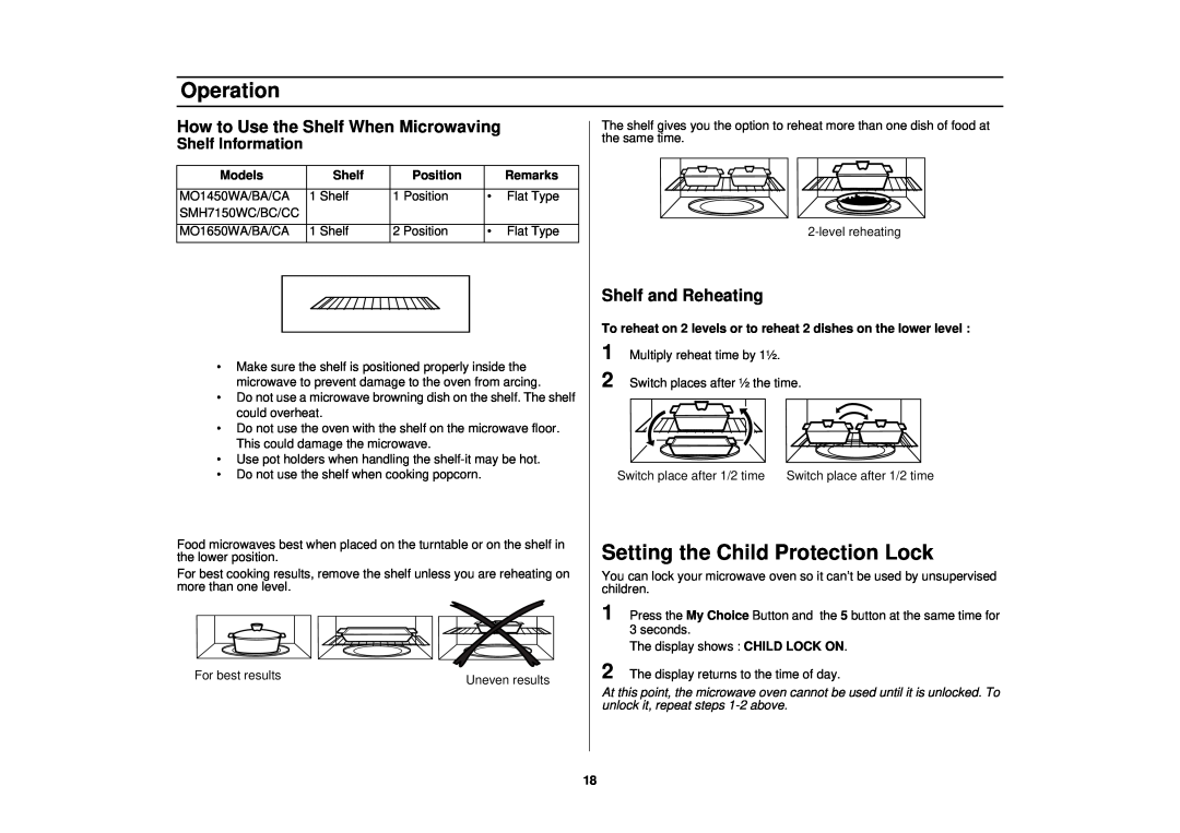 Samsung MO1650CA Setting the Child Protection Lock, How to Use the Shelf When Microwaving, Shelf and Reheating, Operation 
