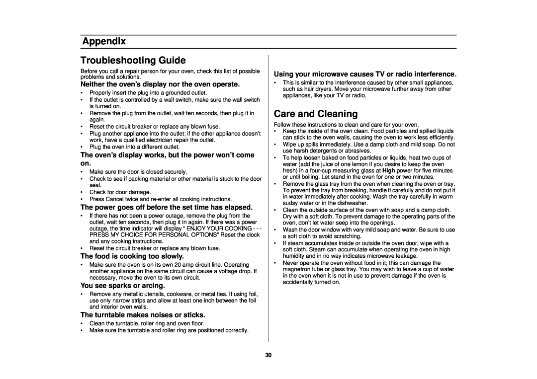Samsung MO1650WA manual Appendix, Troubleshooting Guide, Care and Cleaning, Neither the oven’s display nor the oven operate 
