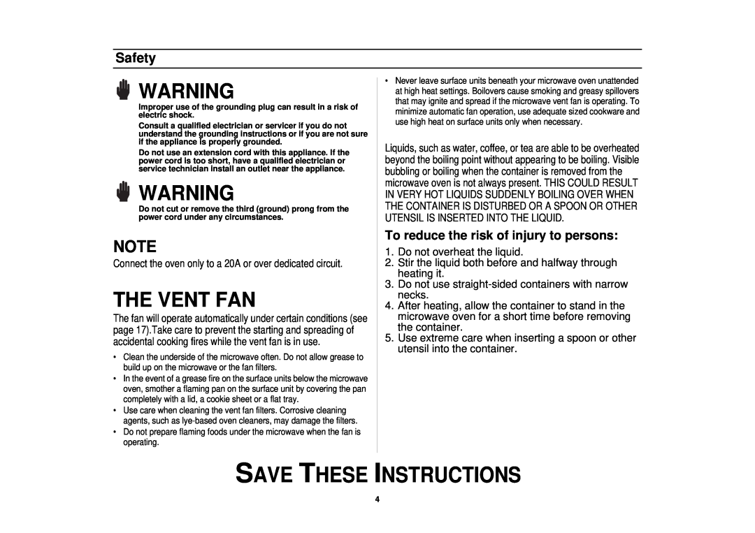 Samsung MO1650CA, SMH7150WC manual The Vent Fan, To reduce the risk of injury to persons, Save These Instructions, Safety 