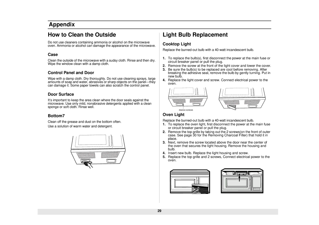 Samsung SMH7159BC, SMH7159WC, SMH7159CC owner manual Appendix How to Clean the Outside Light Bulb Replacement, Cooktop Light 