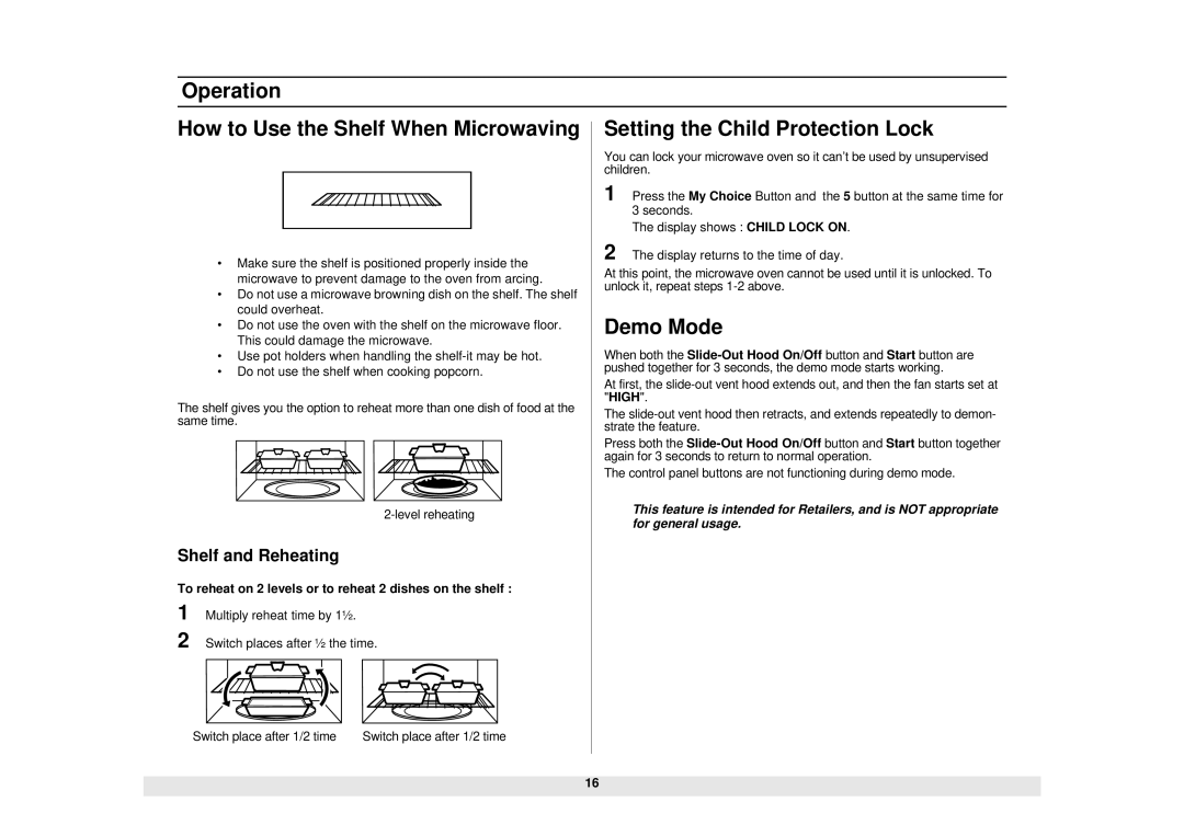 Samsung SMH7159WC/XAA manual Demo Mode, Shelf and Reheating, To reheat on 2 levels or to reheat 2 dishes on the shelf 