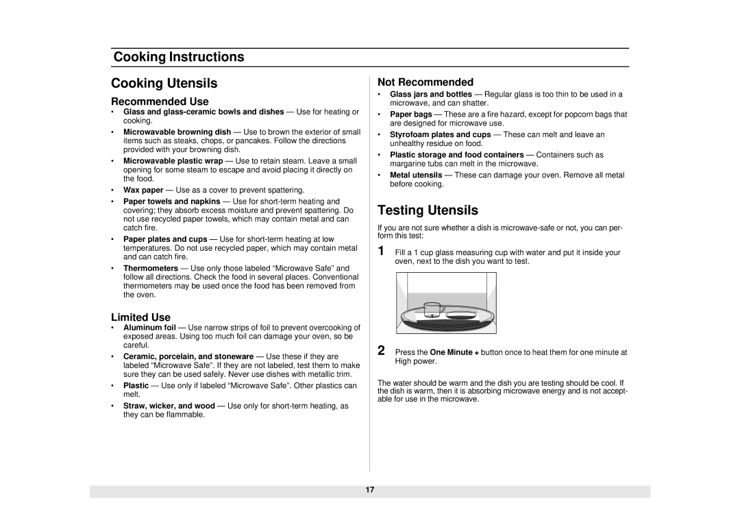 Samsung SMH7159WC/XAA manual Cooking Instructions Cooking Utensils, Testing Utensils, Recommended Use, Limited Use 