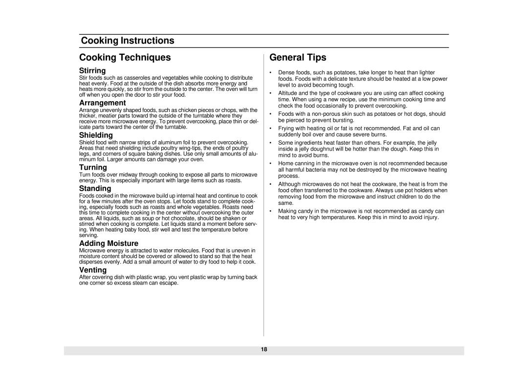 Samsung SMH7159WC/XAA manual Cooking Instructions Cooking Techniques General Tips 