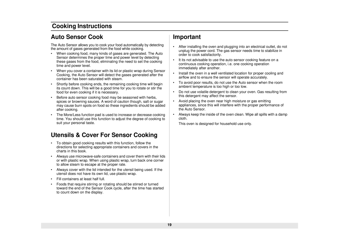 Samsung SMH7159WC/XAA manual Cooking Instructions Auto Sensor Cook, Utensils & Cover For Sensor Cooking 