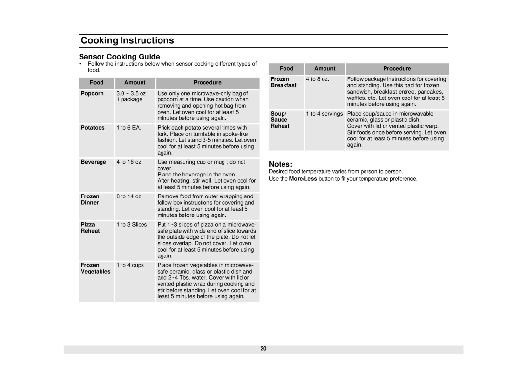 Samsung SMH7159WC/XAA manual Cooking Instructions, Sensor Cooking Guide 