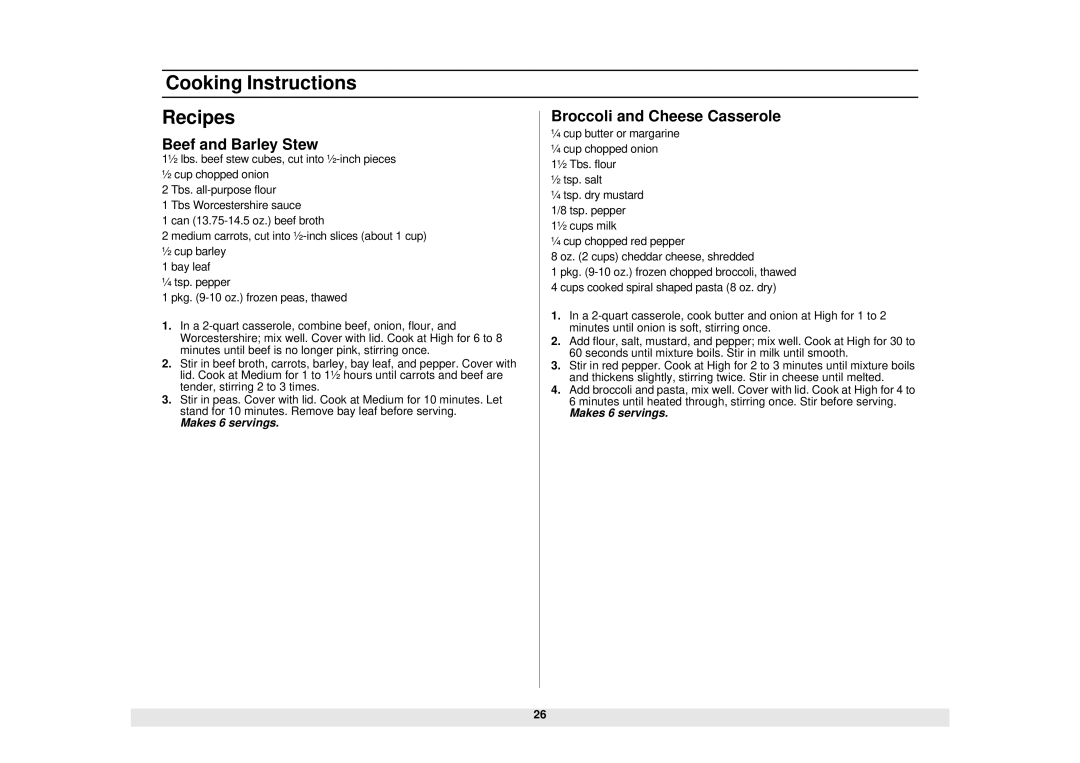 Samsung SMH7159WC/XAA manual Cooking Instructions Recipes, Broccoli and Cheese Casserole, Beef and Barley Stew 