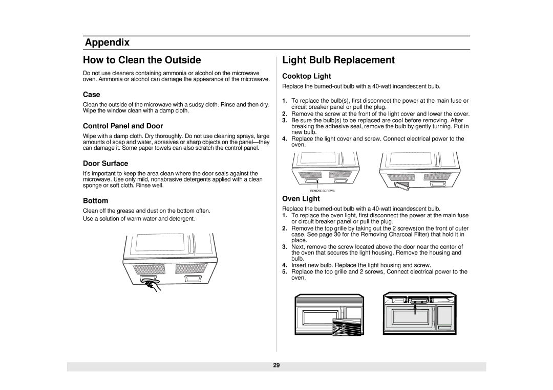 Samsung SMH7159WC/XAA manual Appendix How to Clean the Outside Light Bulb Replacement, Cooktop Light 