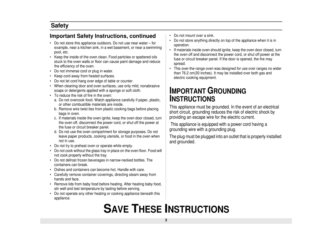 Samsung SMH7159WC/XAA manual Important Grounding Instructions 