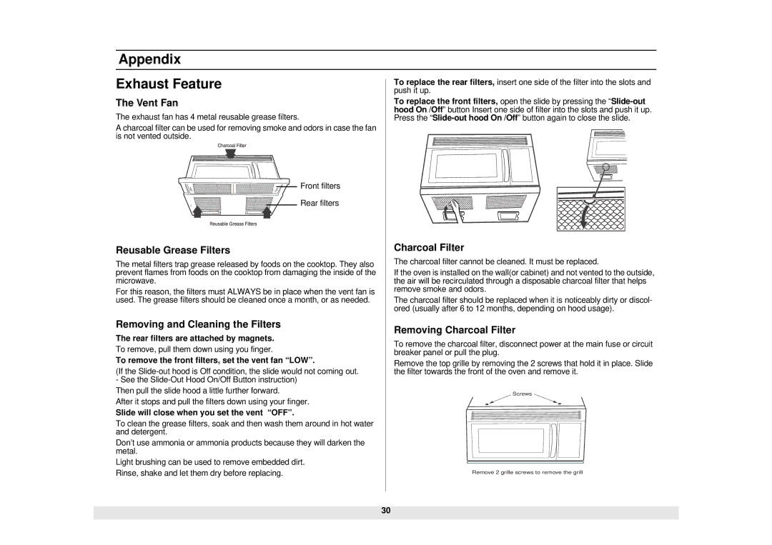 Samsung SMH7159WC/XAA manual Appendix Exhaust Feature, Rear filters are attached by magnets 