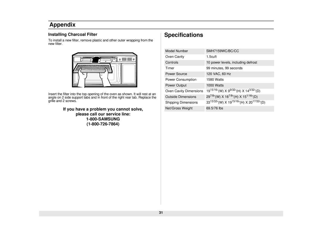 Samsung SMH7159WC/XAA manual Appendix, Specifications 