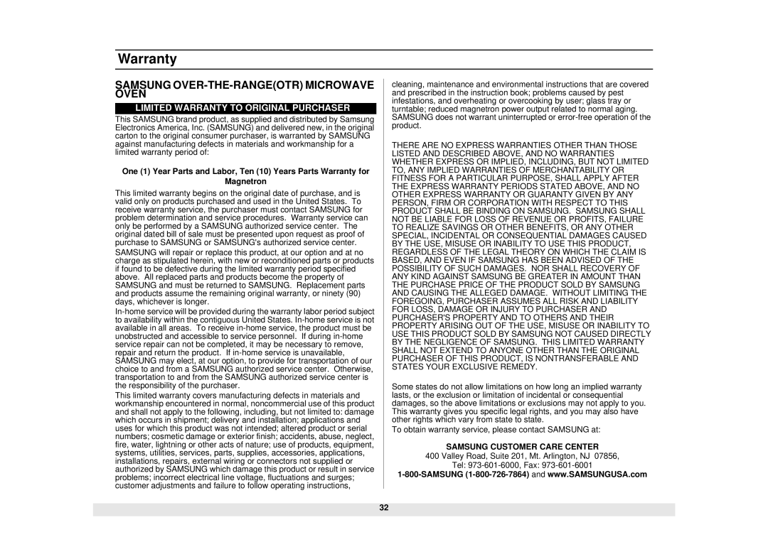 Samsung SMH7159WC/XAA manual Warranty, Samsung OVER-THE-RANGEOTR Microwave Oven 