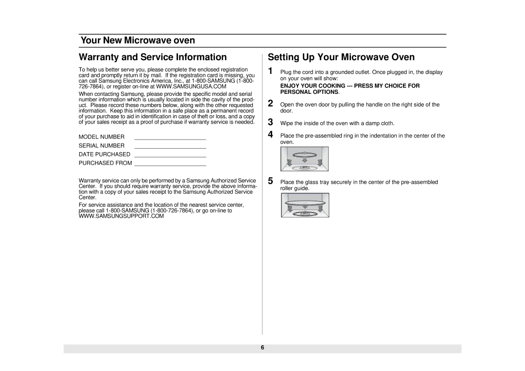 Samsung SMH7159WC/XAA Your New Microwave oven Warranty and Service Information, Model Number Serial Number Date Purchased 