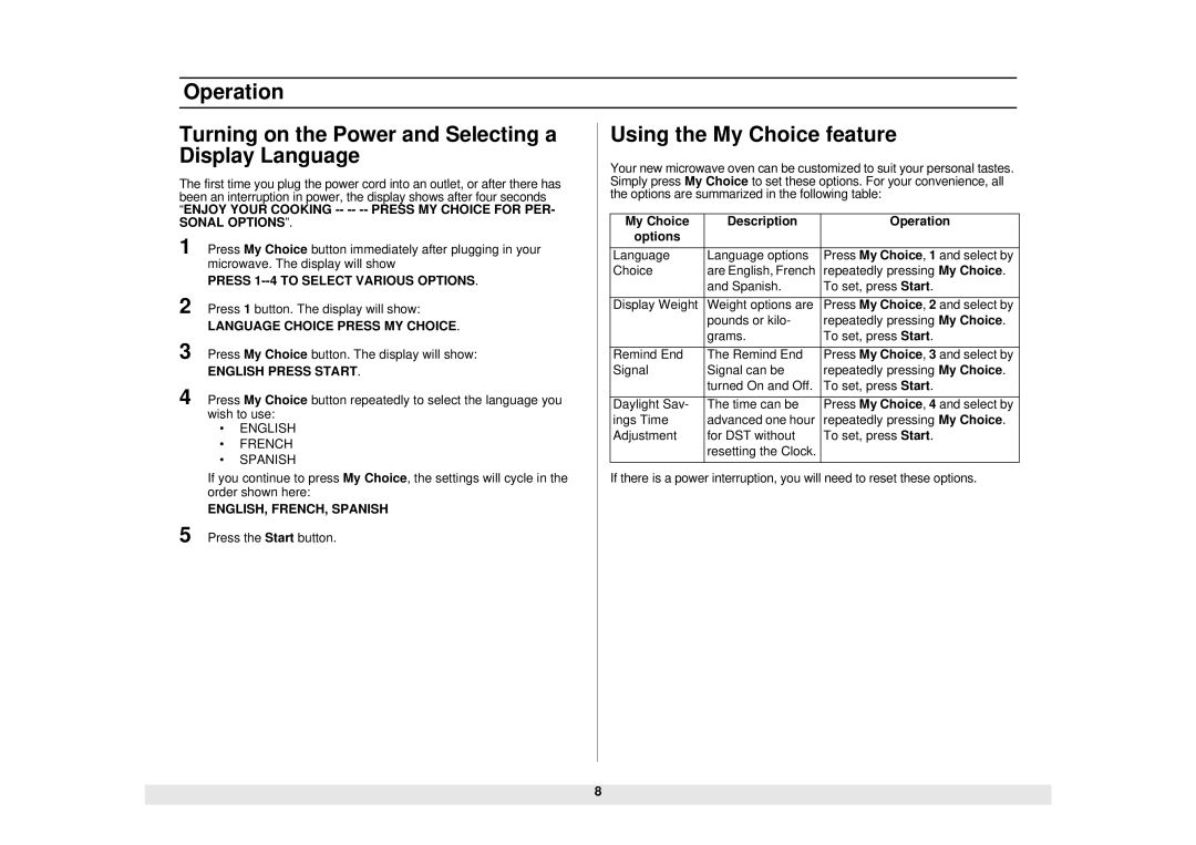 Samsung SMH7159WC/XAA manual My Choice Description Operation, Options 