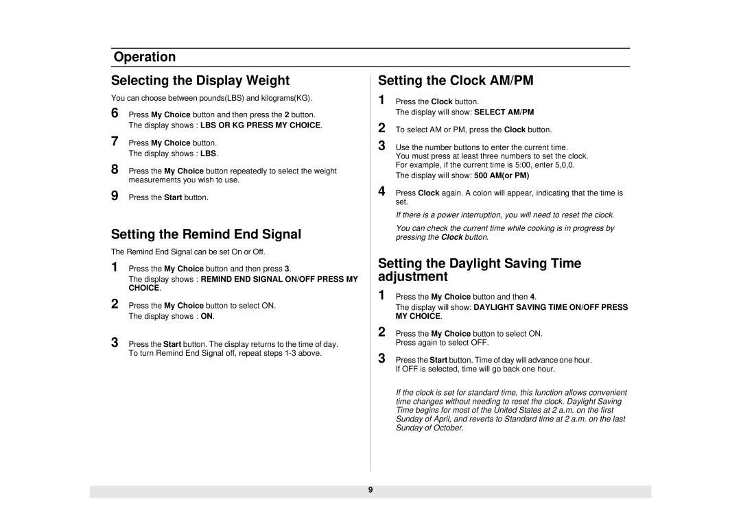 Samsung SMH7159WC/XAA manual Setting the Remind End Signal, Setting the Daylight Saving Time, Adjustment 