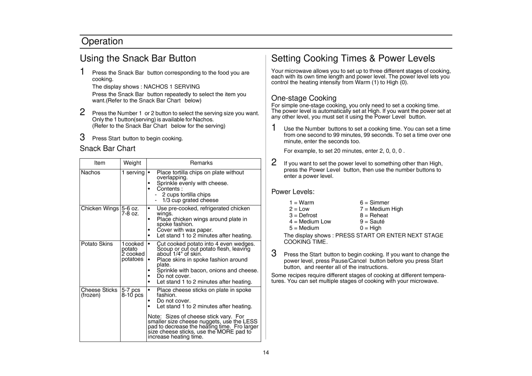 Samsung SMH7176, SMH7177 One-stage Cooking, Snack Bar Chart, Weight Remarks, Display shows Press Start or Enter Next Stage 