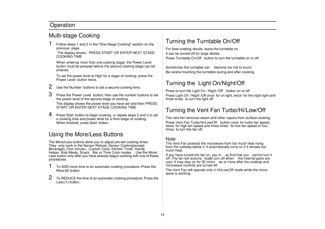 Samsung SMH7176STE, SMH7177 Operation Multi-stage Cooking, Using the More/Less Buttons, Turning the Turntable On/Off 