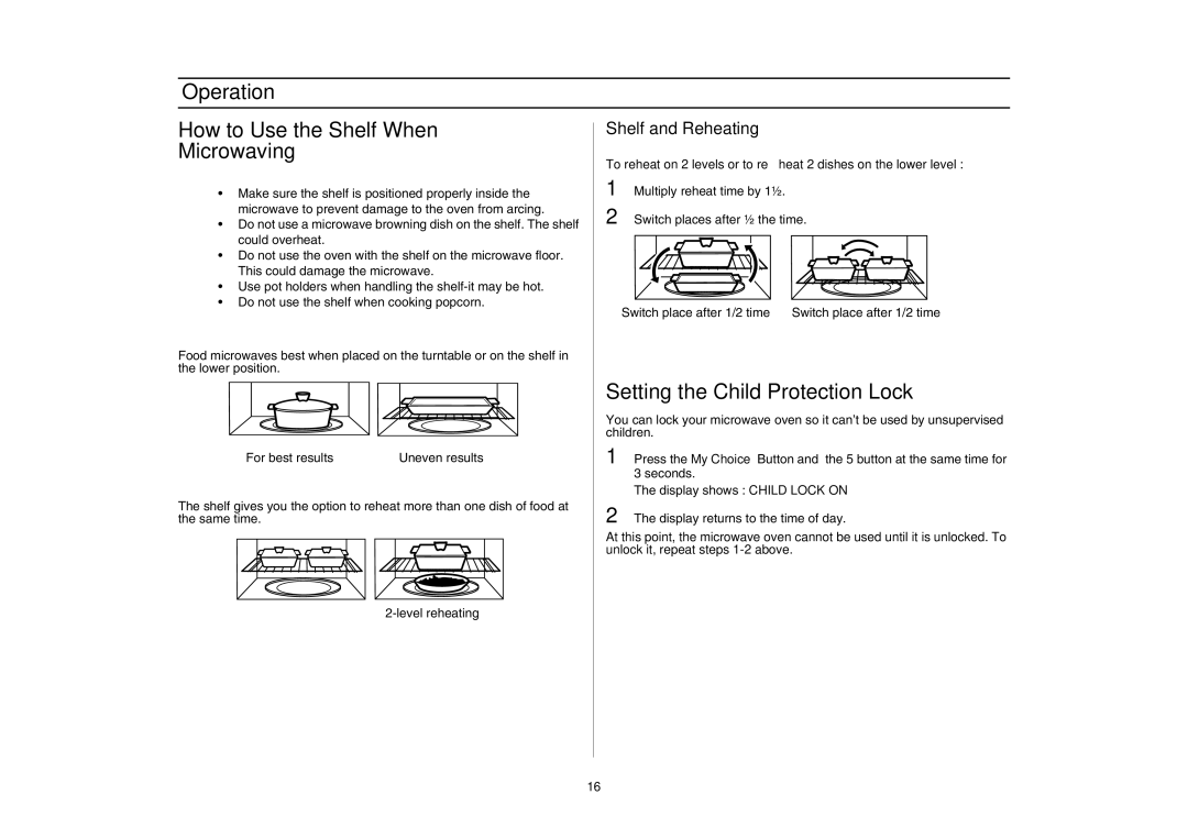 Samsung SMH7177 Operation How to Use the Shelf When Microwaving, Setting the Child Protection Lock, Shelf and Reheating 