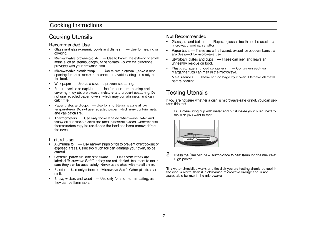 Samsung SMH7176 Cooking Instructions Cooking Utensils, Testing Utensils, Recommended Use, Limited Use, Not Recommended 