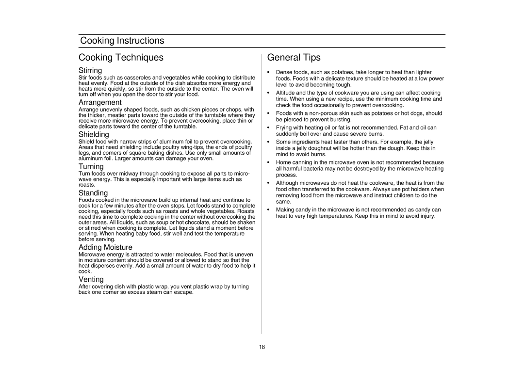 Samsung SMH7176STE, SMH7177 owner manual Cooking Instructions Cooking Techniques, General Tips 