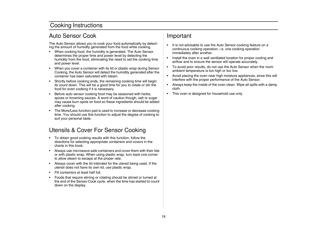 Samsung SMH7177, SMH7176STE owner manual Cooking Instructions Auto Sensor Cook, Utensils & Cover For Sensor Cooking 