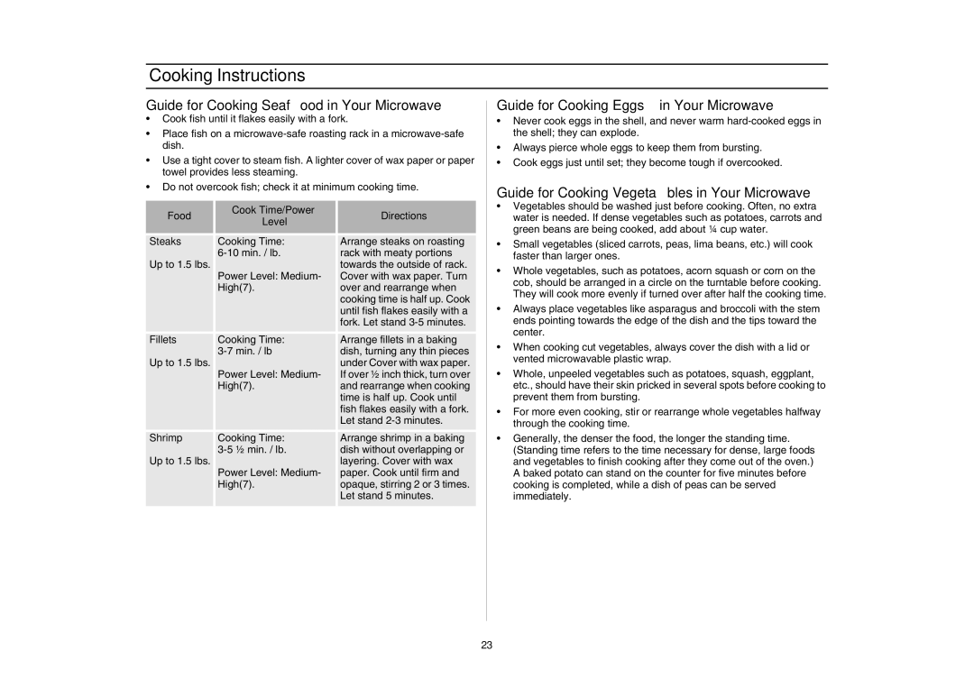 Samsung SMH7176STE, SMH7177 Guide for Cooking Seafood in Your Microwave, Guide for Cooking Eggs in Your Microwave 