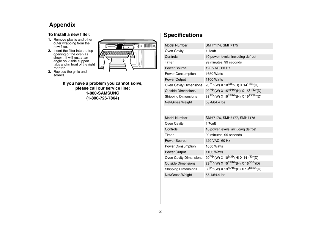 Samsung SMH7176STE, SMH7177 owner manual Appendix, Specifications 