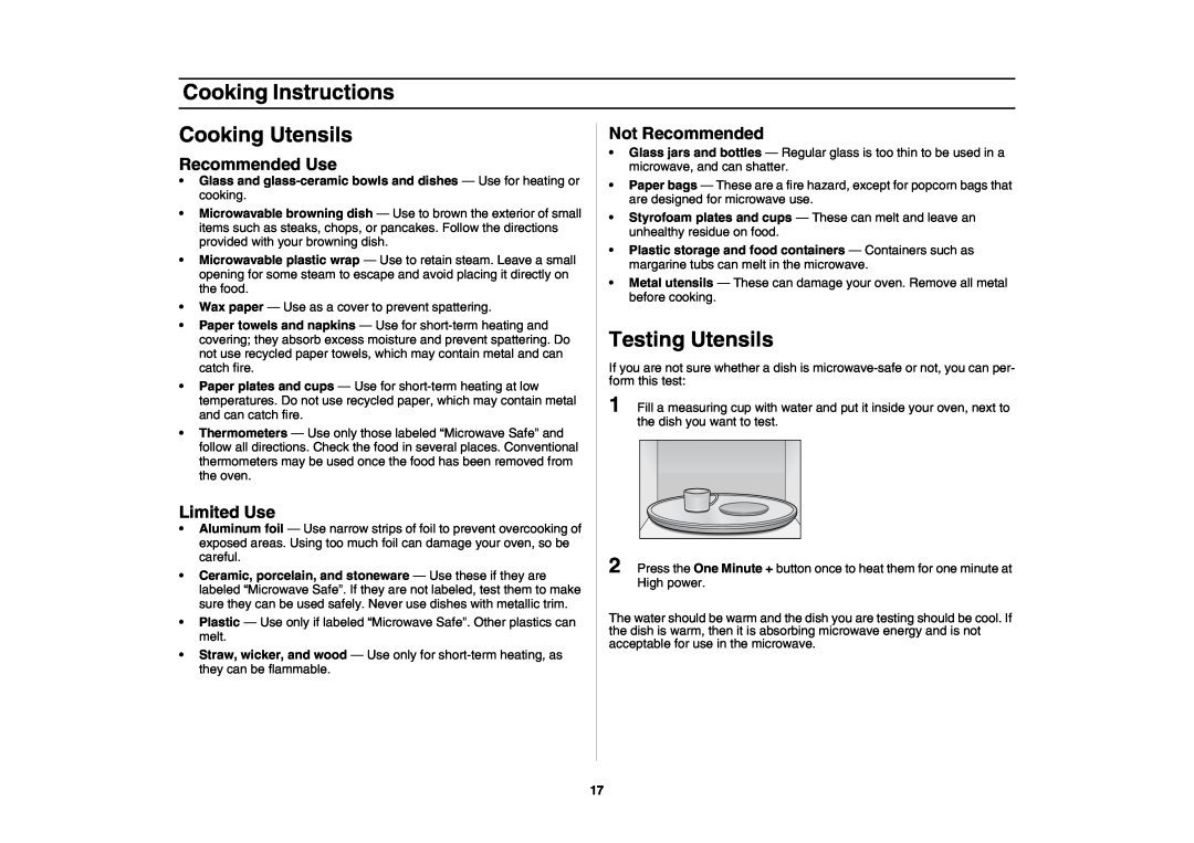 Samsung SMH7176 Cooking Instructions, Cooking Utensils, Testing Utensils, Recommended Use, Limited Use, Not Recommended 