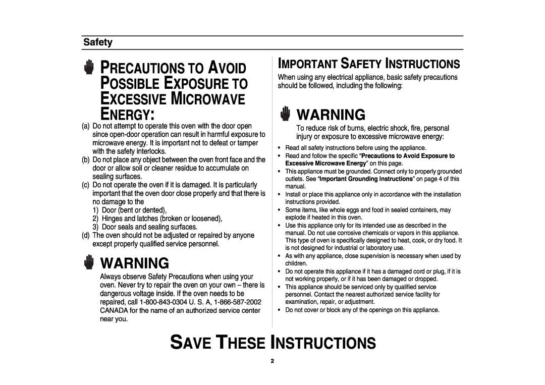 Samsung SMH7176 Save These Instructions, Important Safety Instructions, Precautions To Avoid Possible Exposure To 