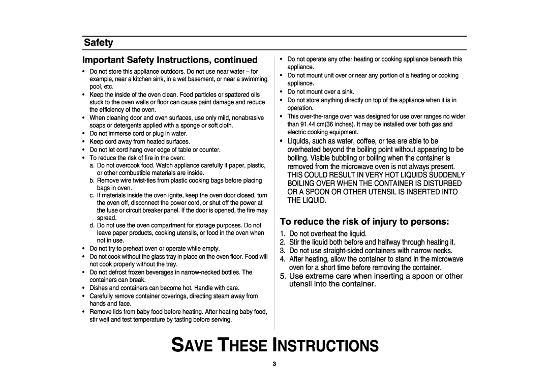 Samsung SMH7176STE Save These Instructions, Important Safety Instructions, continued, utensil into the container 