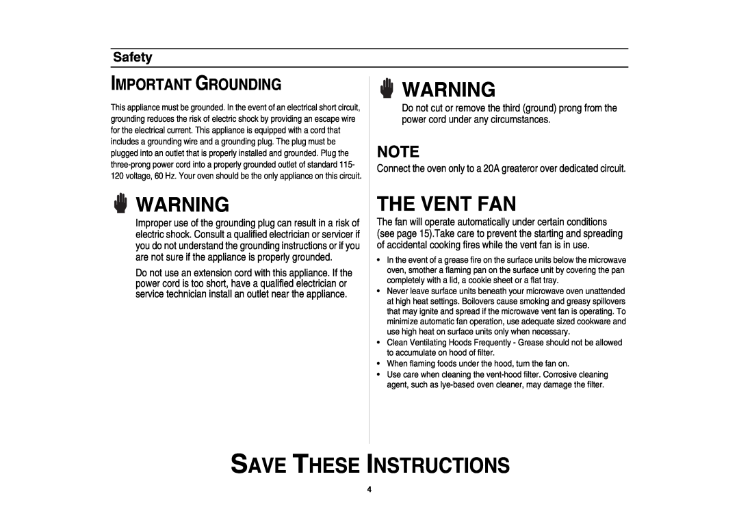 Samsung SMH7177, SMH7176STE owner manual The Vent Fan, Important Grounding, Save These Instructions, Safety 