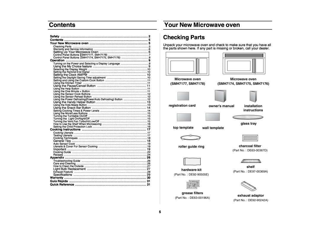 Samsung SMH7176STE, SMH7177 owner manual Contents, Your New Microwave oven, Checking Parts 
