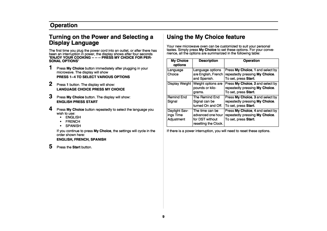 Samsung SMH7176STE, SMH7177 owner manual Using the My Choice feature, Description, Operation, options 
