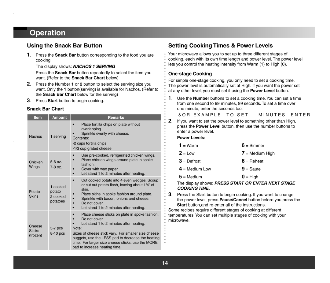 Samsung SMH7178 manual Using the Snack Bar Button, Setting Cooking Times & Power Levels, Snack Bar Chart, One-stage Cooking 