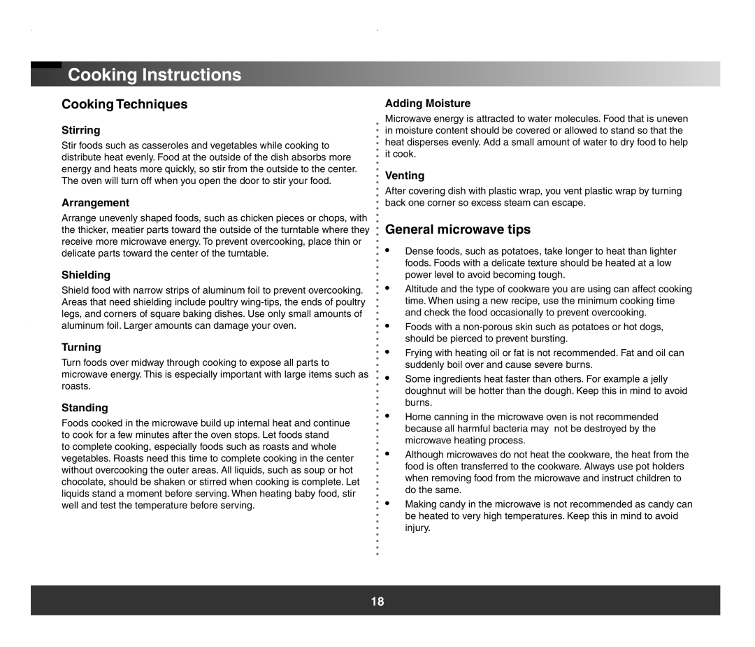 Samsung SMH7178 manual Cooking Instructions, Cooking Techniques, General microwave tips 