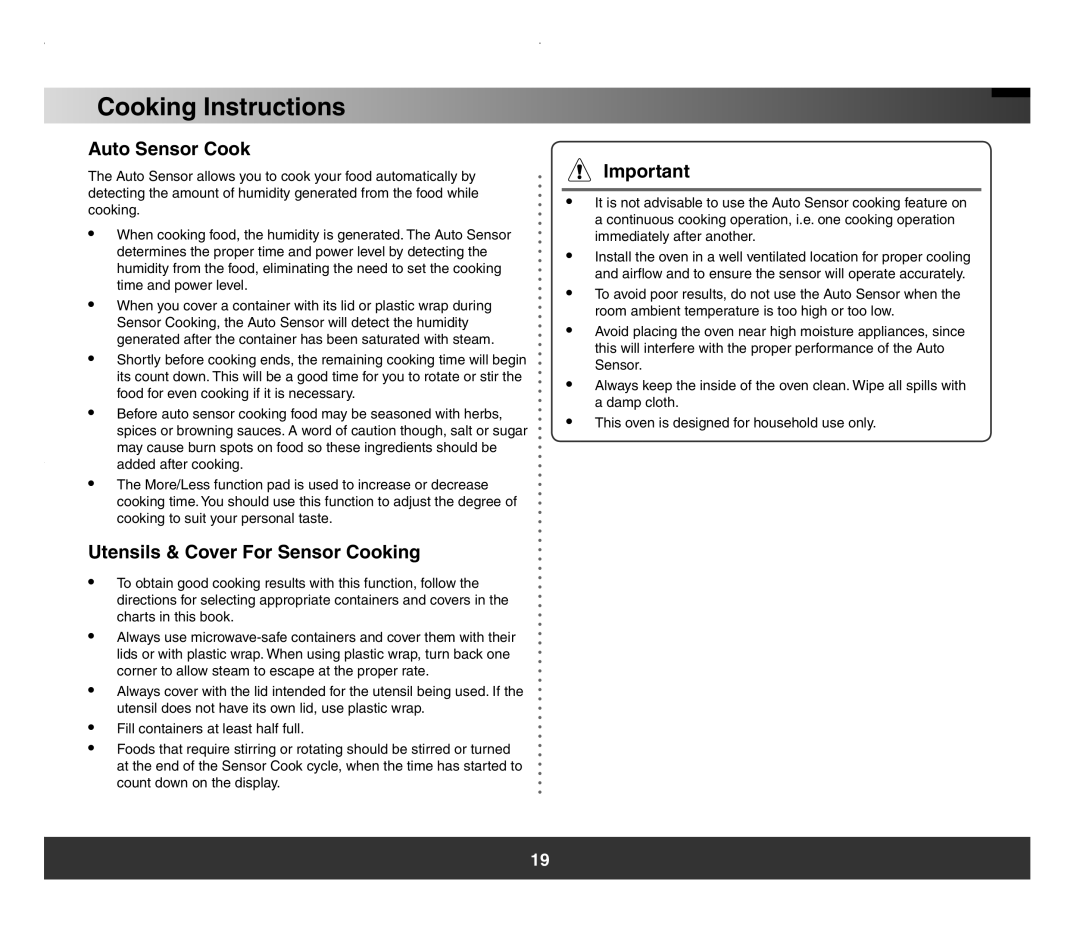 Samsung SMH7178 manual Auto Sensor Cook, Utensils & Cover For Sensor Cooking 