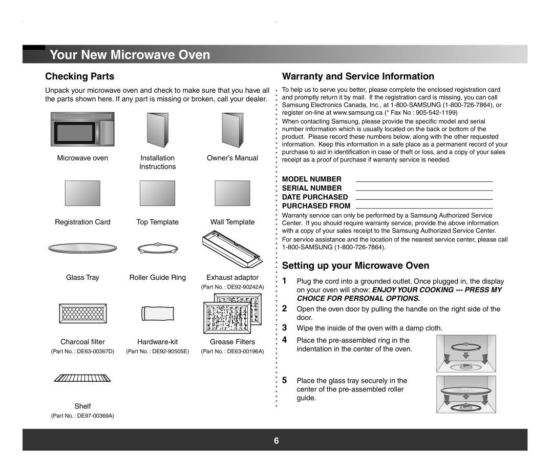 Samsung SMH7178 Your New Microwave Oven, Checking Parts, Warranty and Service Information, Setting up your Microwave Oven 