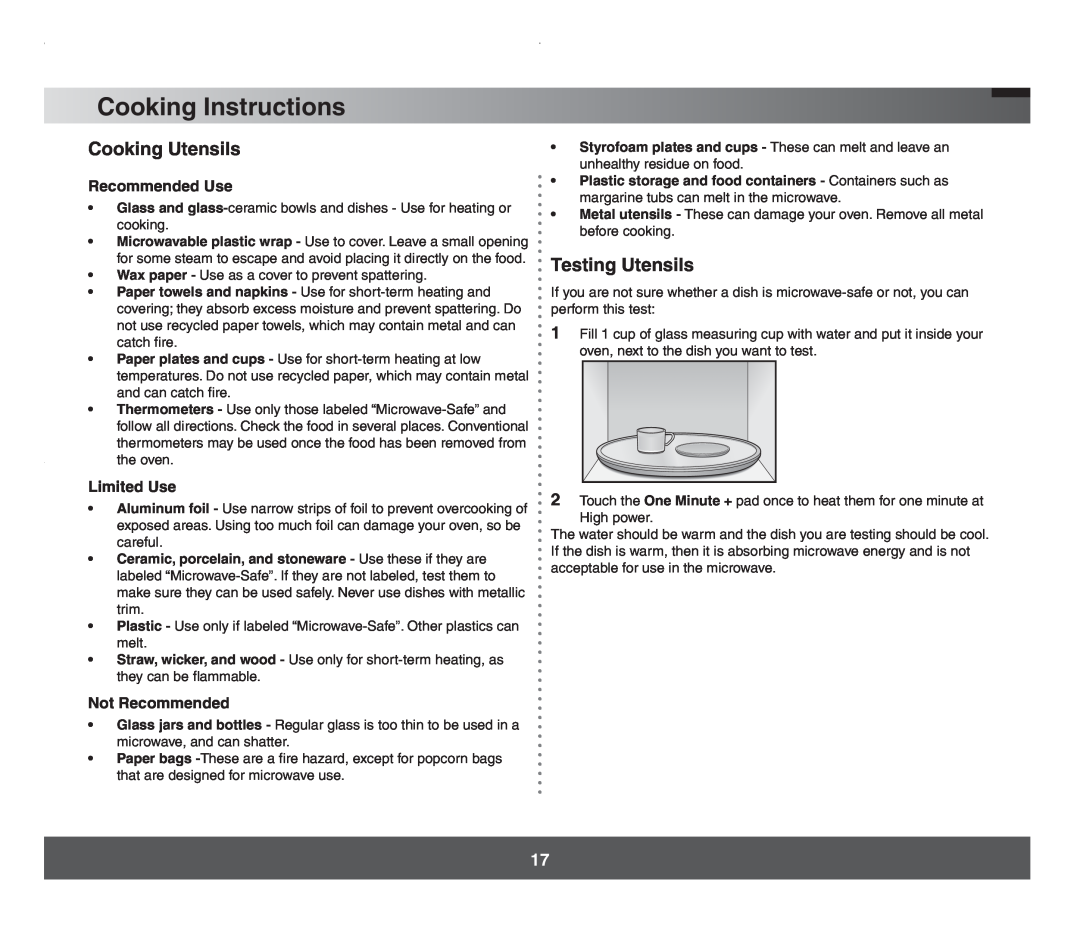 Samsung SMH7178 Cooking Instructions, Cooking Utensils, Testing Utensils, Recommended Use, Limited Use, Not Recommended 