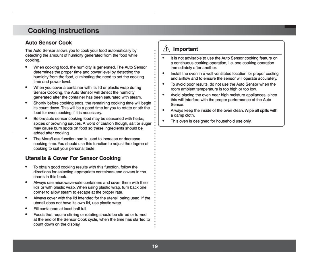 Samsung SMH7178 manual Auto Sensor Cook, Utensils & Cover For Sensor Cooking, Cooking Instructions 