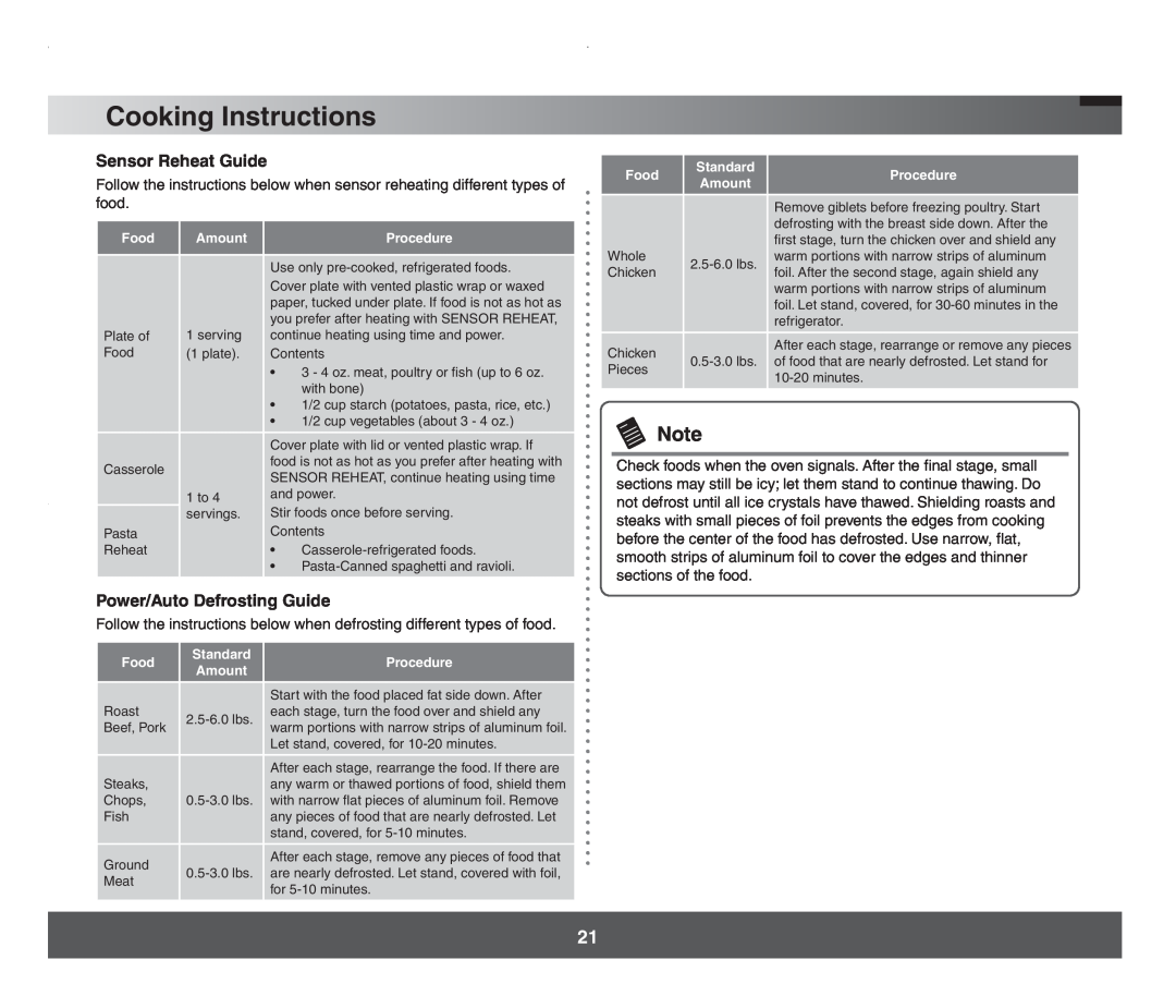 Samsung SMH7178 manual Sensor Reheat Guide, Power/Auto Defrosting Guide, Cooking Instructions 