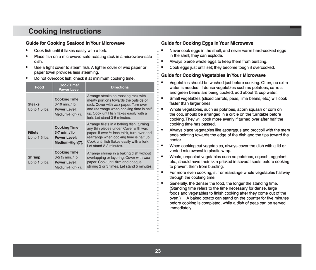 Samsung SMH7178 manual Guide for Cooking Seafood in Your Microwave, Guide for Cooking Eggs in Your Microwave 