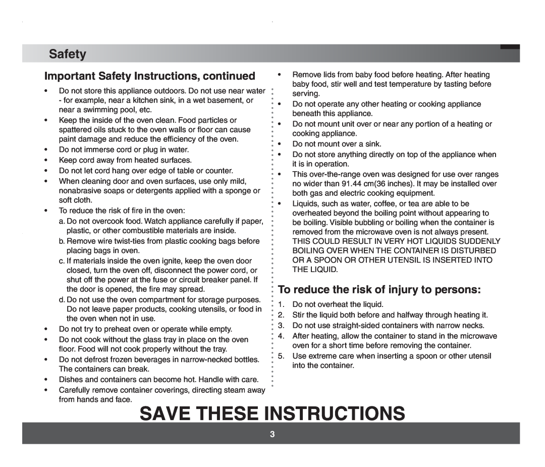 Samsung SMH7178 manual Important Safety Instructions, continued, To reduce the risk of injury to persons 
