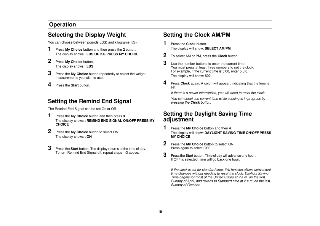 Samsung SMH7178STE Operation Selecting the Display Weight, Setting the Remind End Signal, Setting the Clock AM/PM 