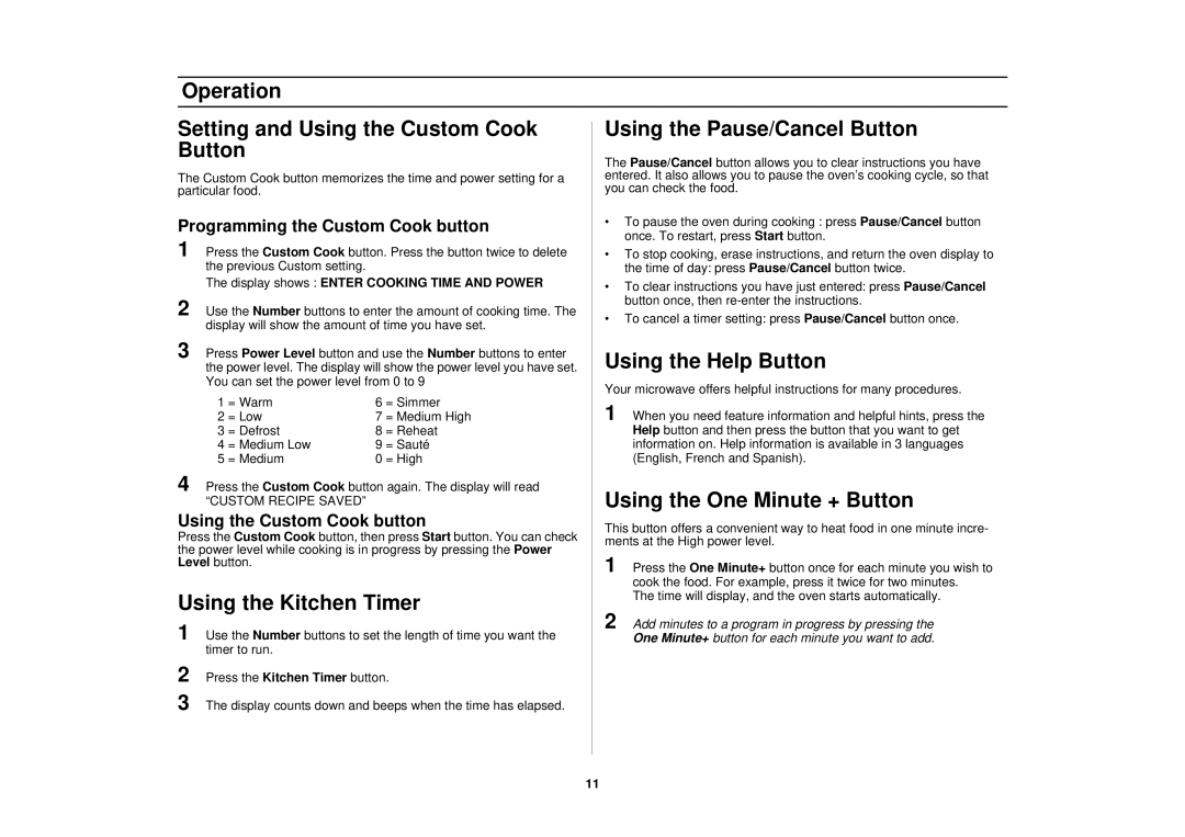 Samsung SMH7178STE Operation Setting and Using the Custom Cook Button, Using the Kitchen Timer, Using the Help Button 