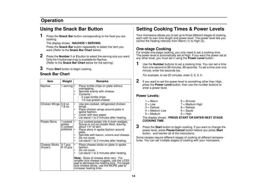 Samsung SMH7178STE One-stage Cooking, Snack Bar Chart, Weight Remarks, Display shows Press Start or Enter Next Stage 