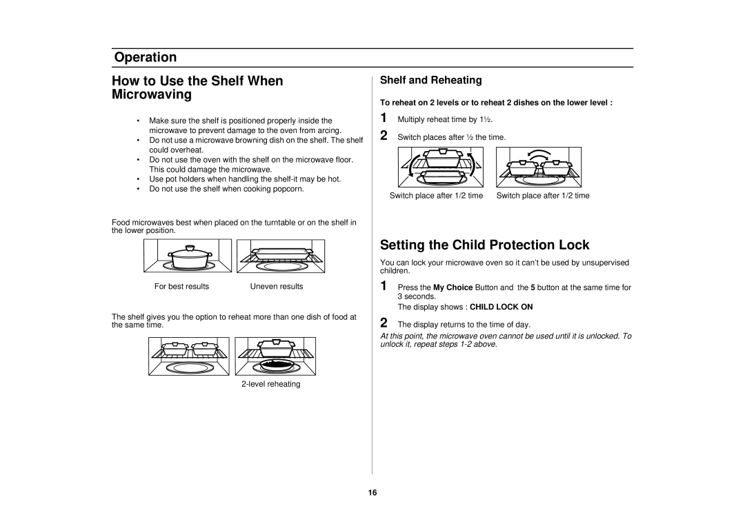 Samsung SMH7178STE Operation How to Use the Shelf When Microwaving, Setting the Child Protection Lock, Shelf and Reheating 