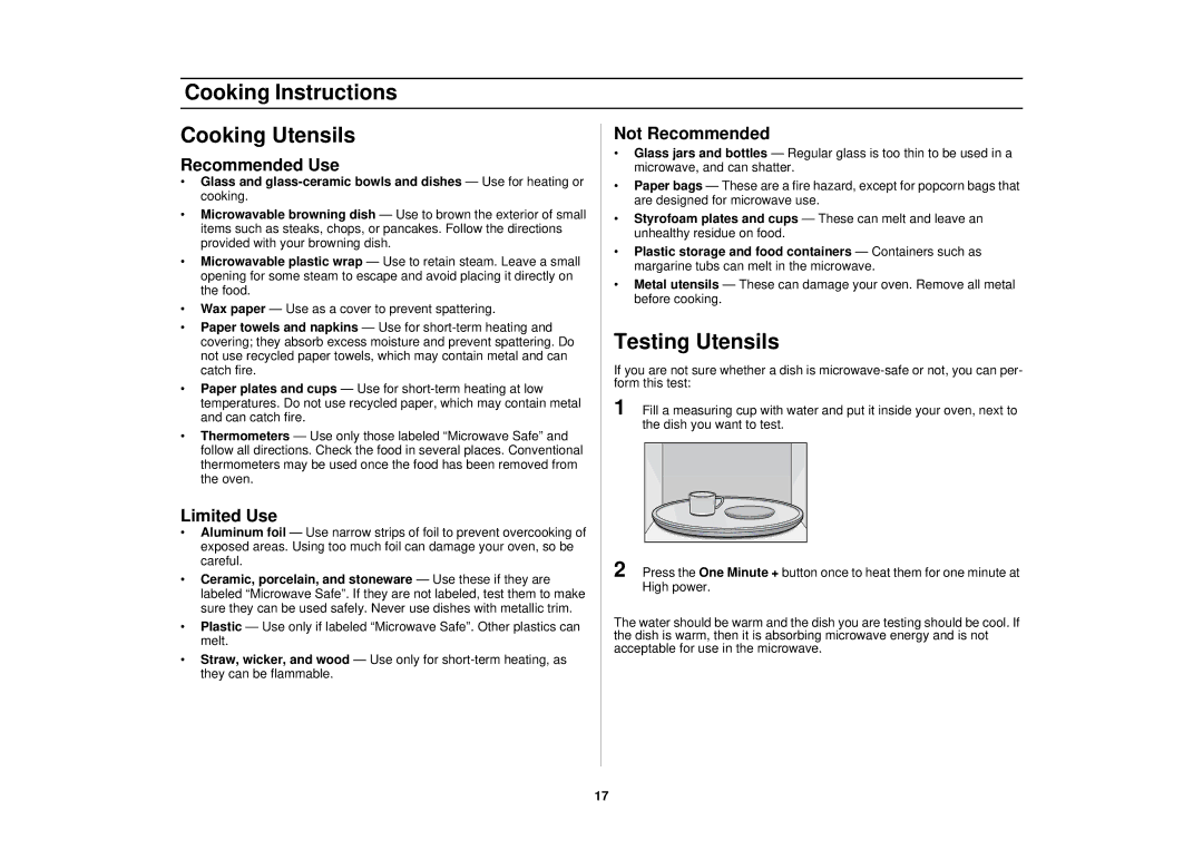 Samsung SMH7178STE Cooking Instructions Cooking Utensils, Testing Utensils, Recommended Use, Limited Use, Not Recommended 