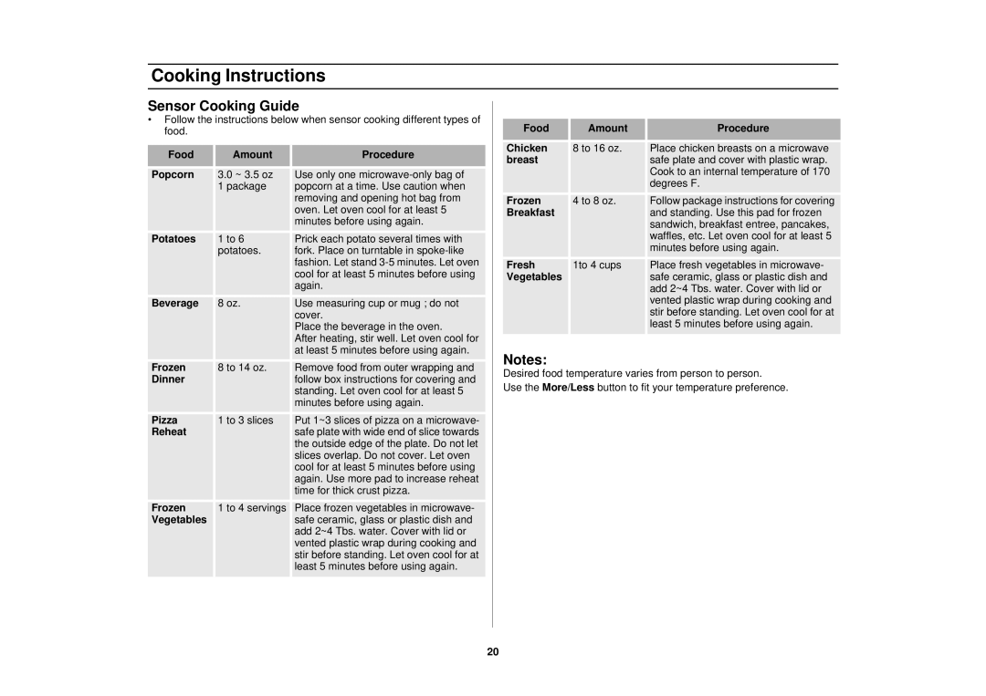 Samsung SMH7178STE owner manual Cooking Instructions, Sensor Cooking Guide 