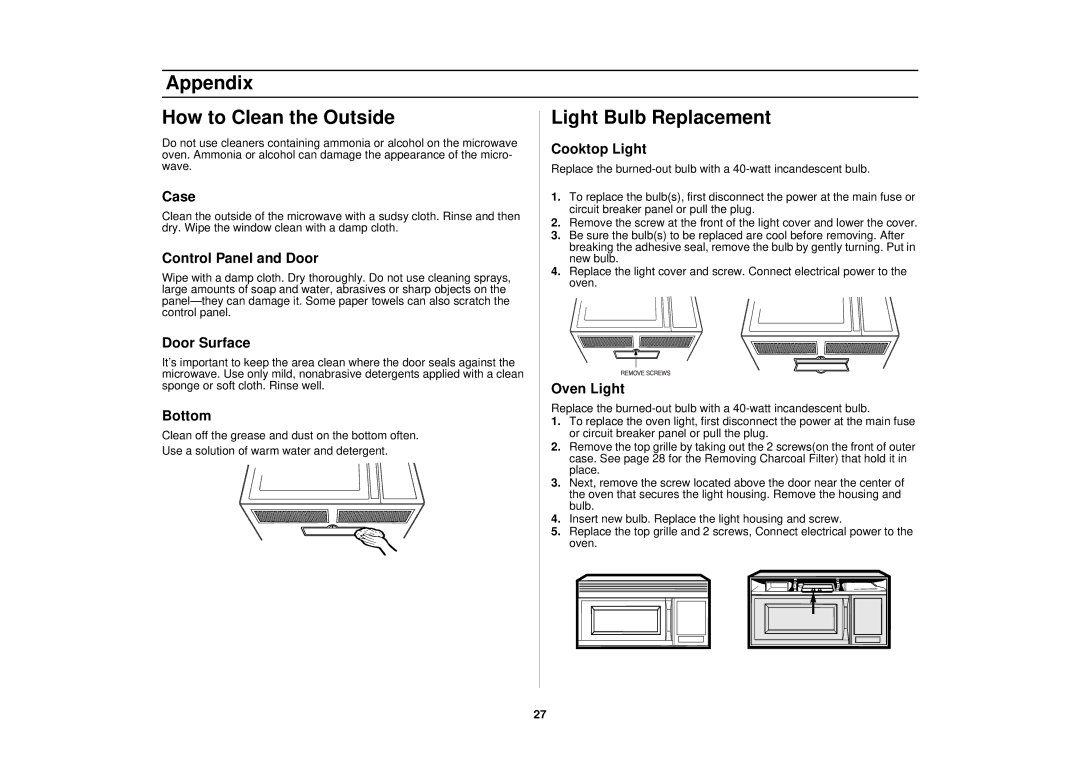 Samsung SMH7178STE owner manual Appendix How to Clean the Outside, Light Bulb Replacement 